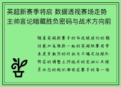 英超新赛季将启 数据透视赛场走势 主帅言论暗藏胜负密码与战术方向前瞻 英超新赛季将启 数据透视赛场走势 主帅言论暗藏胜负密码与战术方向前瞻